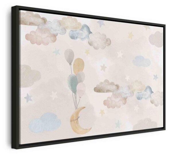 Quadro - Fairy-Tale Moon - Pastel Moon with Balloons Among Colorful Clouds and Stars in Subdued Colors on a Light Backgr