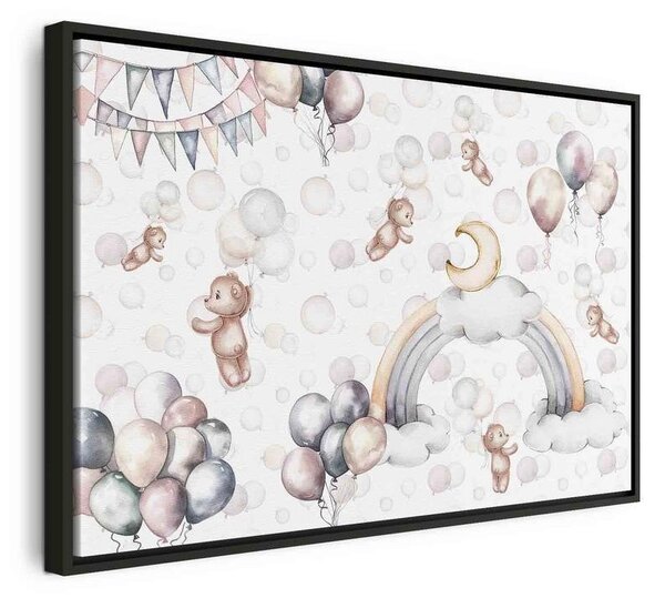 Quadro - Toy Bears with Balloons - Flying Plush Bears Among Balloons Clouds and Rainbows in Subtle Pastel Hues