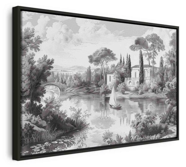 Quadro - Black and White Vintage Landscape Retro View of a Pond with a Boat