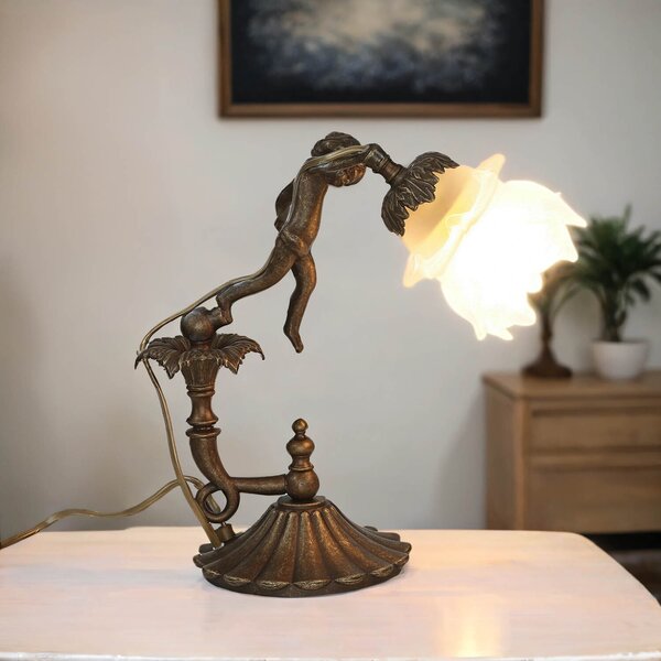 Lampada da tavolo E27 33 cm in bronzo cherubini calice vetro lampada da tavolo in ottone massiccio