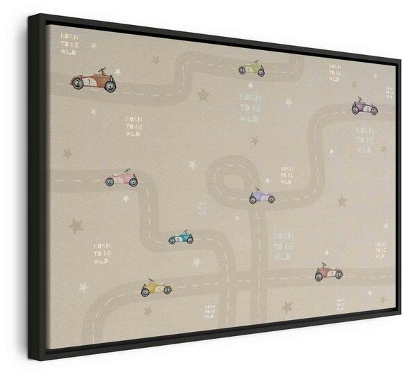 Quadro - Race - Colorful Cars on a Road on a Beige Background with Inscriptions