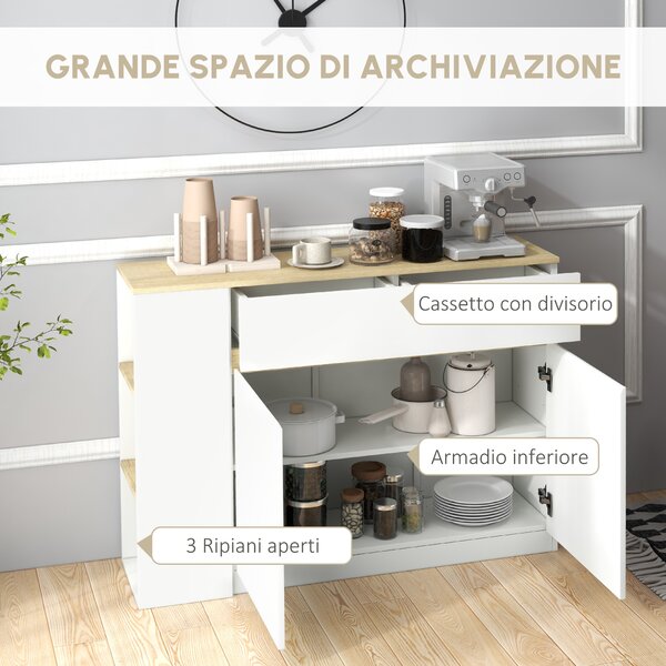 HOMCOM Buffet mobile da stoccaggio con 2 cassetti 3 mensole aperte e mobile con 2 ante 110 x 29,5 x 82 cm bianco