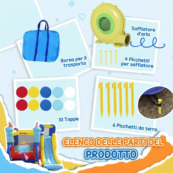 Outsunny Castello Gonfiabile 4 in 1 per Bambini da 3 a 8 Anni con Scivolo, Trampolino, Piscina e Gonfiatore Incluso, 265x260x200cm|Aosom