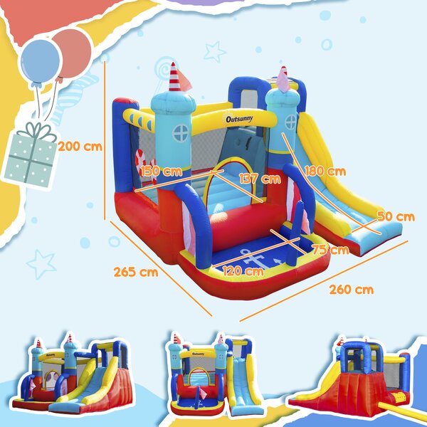Outsunny Castello Gonfiabile 4 in 1 per Bambini da 3 a 8 Anni con Scivolo, Trampolino, Piscina e Gonfiatore Incluso, 265x260x200cm|Aosom