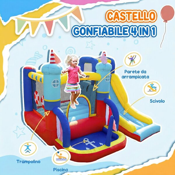 Outsunny Castello Gonfiabile 4 in 1 per Bambini da 3 a 8 Anni con Scivolo, Trampolino, Piscina e Gonfiatore Incluso, 265x260x200cm|Aosom