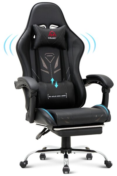 COLAMY Sedia da gioco - Sedia ergonomica per computer con poggiapiedi, supporto lombare, poggiatesta, funzione girevole a 360° e schienale alto, nero