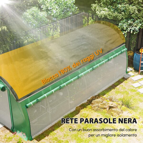 Outsunny Serra a Tunnel con rete parasole e Porta, pareti laterali a rullo, copertura in plastica e telaio in acciaio, 6x3x2 m, Verde | Aosom Italy