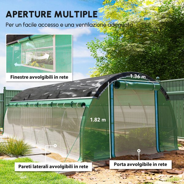 Outsunny Serra a Tunnel con rete parasole e Porta, pareti laterali a rullo, copertura in plastica e telaio in acciaio, 6x3x2 m, Verde | Aosom Italy