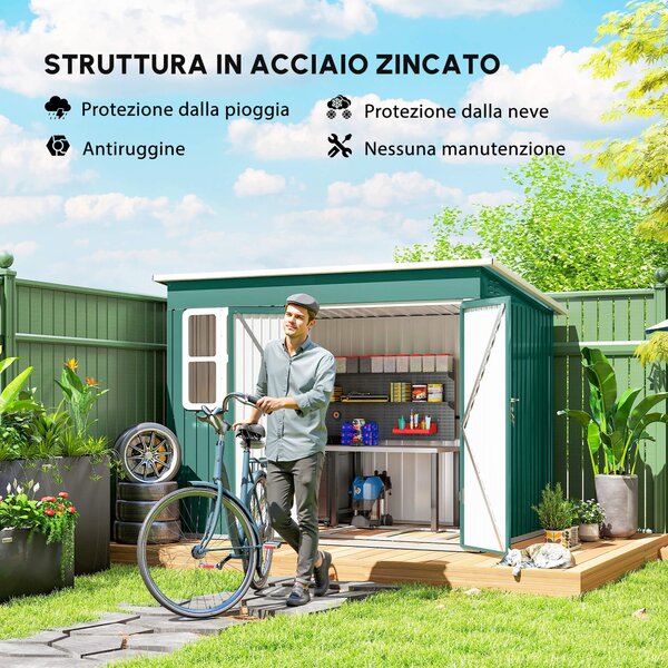 Outsunny Casetta da giardino con finestra e porta larga, tetto a due falde Capanno per attrezzi in acciaio, 260x177x190 cm, Verde | Aosom Italy