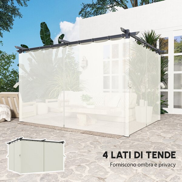 Outsunny Pergola da Giardino con Telo Retrattile e Tende Circondano, Riparo Solare UPF30+, Terrazza e Esterno, 3 x 3 m, bianco crema | Aosom Italy