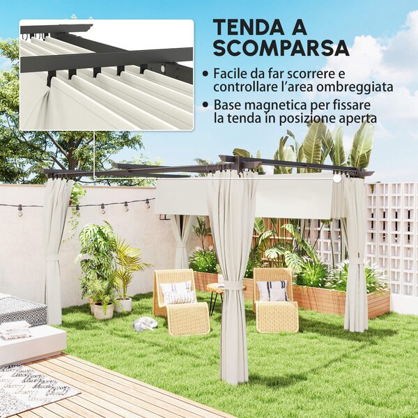 Outsunny Pergola da Giardino con Telo Retrattile e Tende Circondano, Riparo Solare UPF30+, Terrazza e Esterno, 3 x 3 m, bianco crema | Aosom Italy
