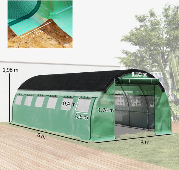 Outsunny Serra a Tunnel con rete parasole e Porta, pareti laterali a rullo, copertura in plastica e telaio in acciaio, 6x3x2 m, Verde | Aosom Italy