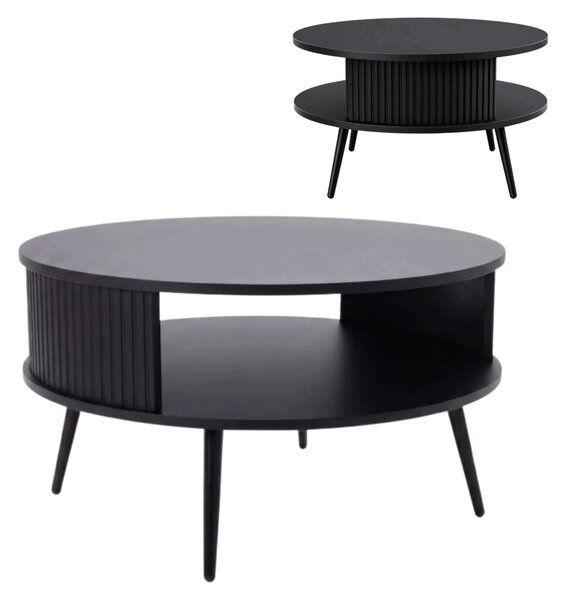 Tavolino EstiloHome TAKE, rotondo, diametro 76 cm, nero – con piano contenitore e finitura a righe