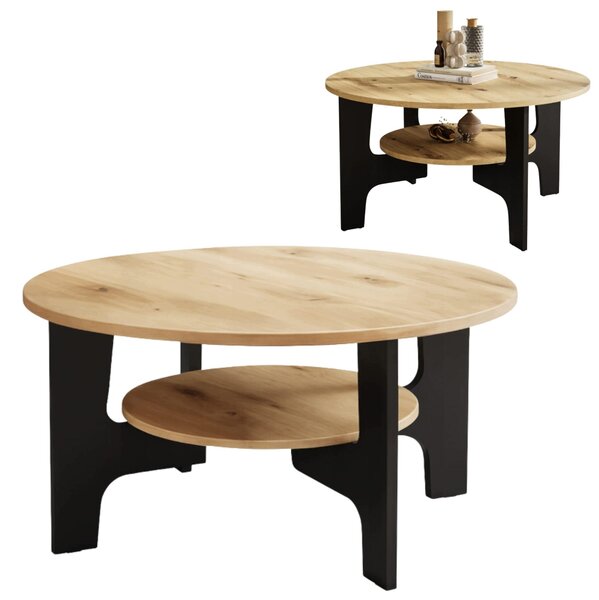 Tavolino EstiloHome MIZU S, forma rotonda, diametro 80 cm, finitura "Artisan" in legno di quercia e nero, con ripiano e 2 livelli