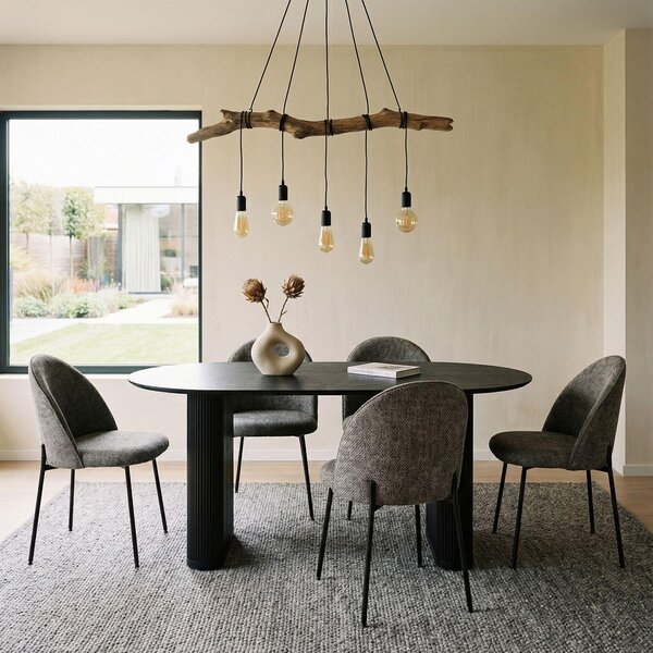 Set da pranzo MAXIM con 4 sedie, nero/grigio: tavolo da pranzo ovale con gambe in metallo dal design moderno, 4 sedie imbottite con rivestimento in tessuto e struttura in metallo, ideale per la sala da pranzo
