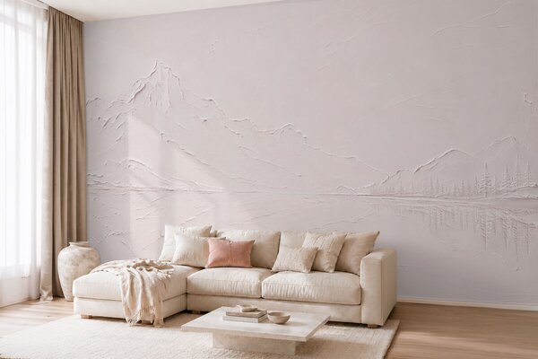 Carta da parati Un paesaggio montano di colore rosa chiaro, dalle texture variegate, con un lago dalle, Carta da parati Natura, w05739v1 : Uwalls.it