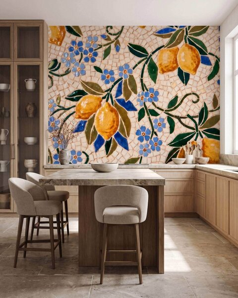 Carta da parati Composizione decorativa dai colori vivaci in stile mosaico ceramico con limoni succosi,, Carta da parati Buffer, w09948 : Uwalls.it