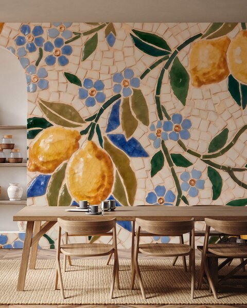 Carta da parati Composizione decorativa dai colori vivaci in stile mosaico ceramico con limoni succosi,, Carta da parati Buffer, w09948 : Uwalls.it