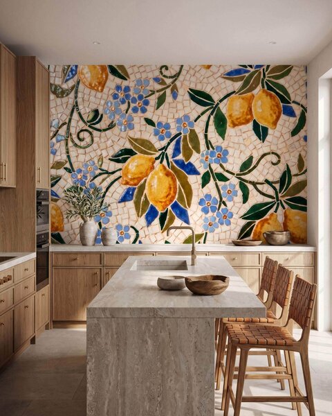 Carta da parati Composizione decorativa dai colori vivaci in stile mosaico ceramico con limoni succosi,, Carta da parati Buffer, w09948 : Uwalls.it