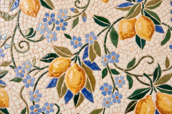 Carta da parati Composizione decorativa dai colori vivaci in stile mosaico ceramico con limoni succosi,, Carta da parati Buffer, w09948 : Uwalls.it
