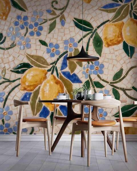 Carta da parati Composizione decorativa dai colori vivaci in stile mosaico ceramico con limoni succosi,, Carta da parati Buffer, w09948 : Uwalls.it