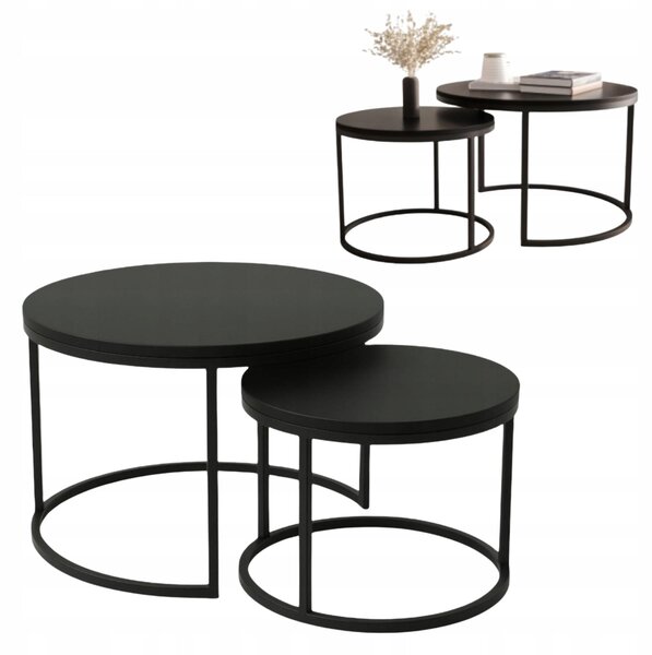 EstiloHome Set di tavolini da divano ORI DUO, forma rotonda, 70/50 cm, colore nero – Set di 2 tavolini
