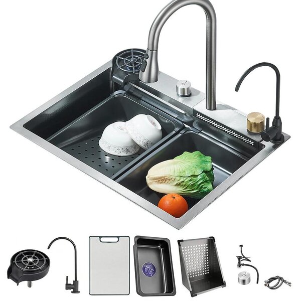 Lavello da cucina, acciaio inossidabile, con rubinetto integrato, colore grigio A2