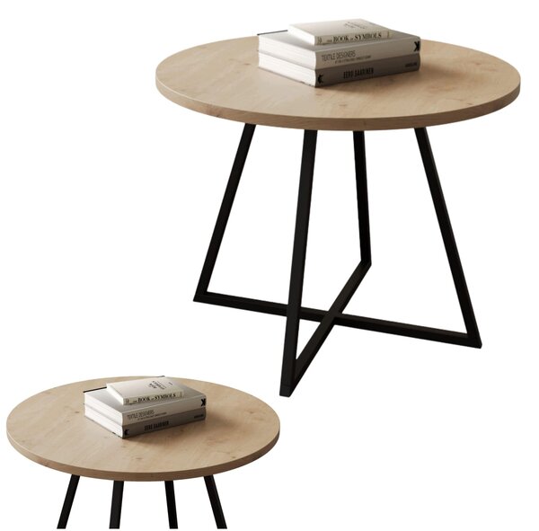 Tavolino EstiloHome modello YAMA, rotondo, diametro 50 cm, legno di quercia "Artisan" – tavolino ausiliario con struttura in metallo