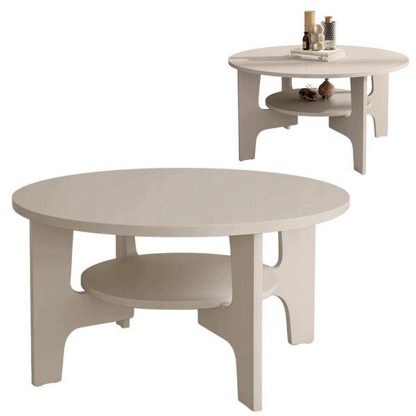 Tavolino EstiloHome MIZU S, forma rotonda, diametro 80 cm, rivestito in tessuto effetto cachemire, con vano contenitore e 2 ripiani