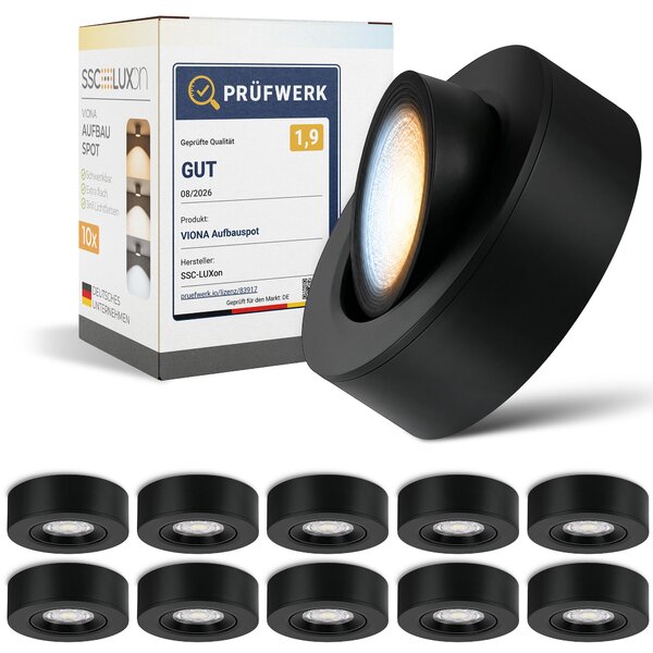 Set di 10 faretti da superficie SSC-LUXon VIONA LED nero piatto orientabile - faretto da superficie bianco caldo, bianco neutro, bianco luce diurna
