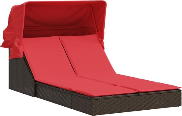 Lettino prendisole doppio con tettuccio e cuscini in Polyrattan Marrone