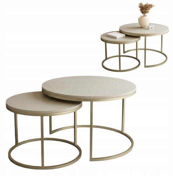 Set di tavolini ORI DUO GOLD, forma rotonda, dimensioni 70/50 cm, rivestimento in tessuto effetto cachemire