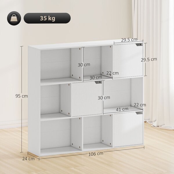 HOMCOM Libreria a Cubi con 6 Sezioni Aperte e 3 Chiuse, in Legno Bianco, 106x24x95 cm | Aosom Italy