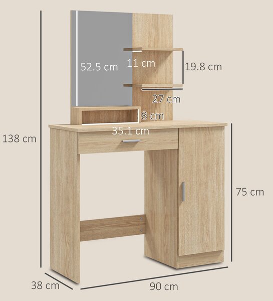 HOMCOM Toeletta da Camera con Armadietto, Cassetto, Specchio per Trucco e Ripiani Aperti, 90x38x138 cm, Acero | Aosom Italy