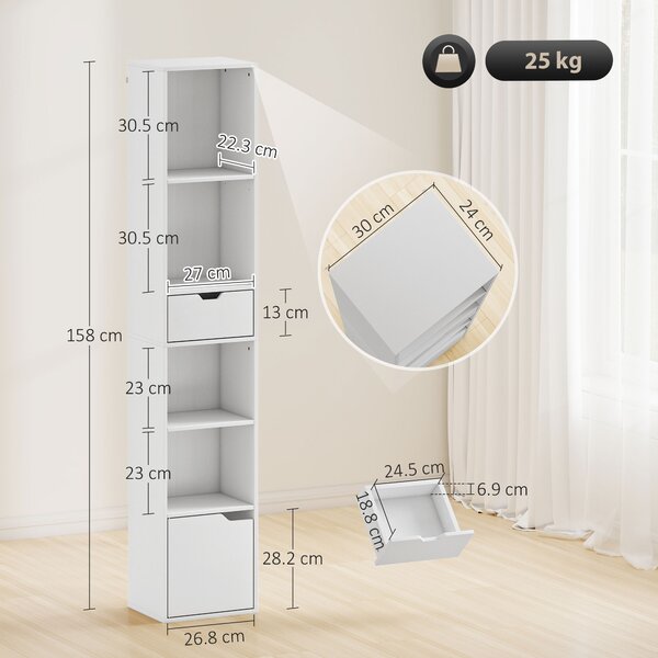 HOMCOM Scaffale Libreria a 4 Ripiani Aperti con Armadietto e Cassetto, 30x24x158 cm, in Legno Bianco | Aosom Italy