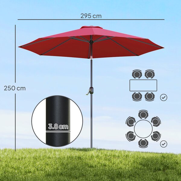 Outsunny Ombrellone da Giardino Φ295cm Inclinabile con Manovella in Metallo e Poliestere Rosso Scuro|Aosom