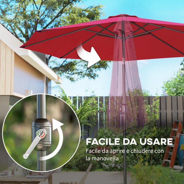 Outsunny Ombrellone da Giardino Φ295cm Inclinabile con Manovella in Metallo e Poliestere Rosso Scuro|Aosom