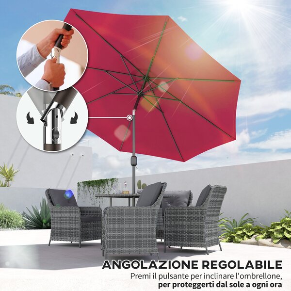 Outsunny Ombrellone da Giardino Φ295cm Inclinabile con Manovella in Metallo e Poliestere Rosso Scuro|Aosom