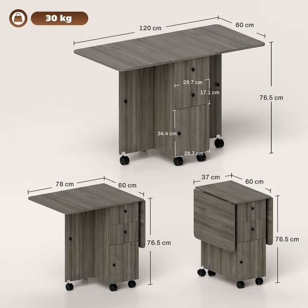 HOMCOM Tavolo a Ribalta a 6 Rotelle con 2 Cassetti e Armadietto ad Ante, in Legno, 120x60x76.5 cm, Grigio | Aosom Italy
