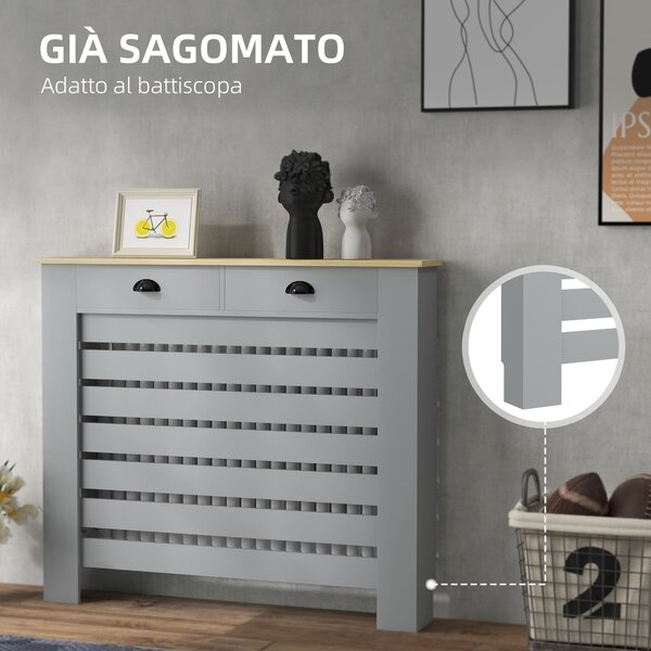 HOMCOM Copritermosifone in MDF a Doghe, Copricalorifero a Griglia con 2 Cassetti, 111x19x95.5 cm, Grigio | Aosom Italy