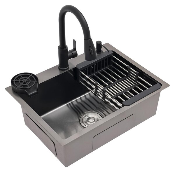 Lavello da cucina, rubinetto estraibile, facile da pulire, nero