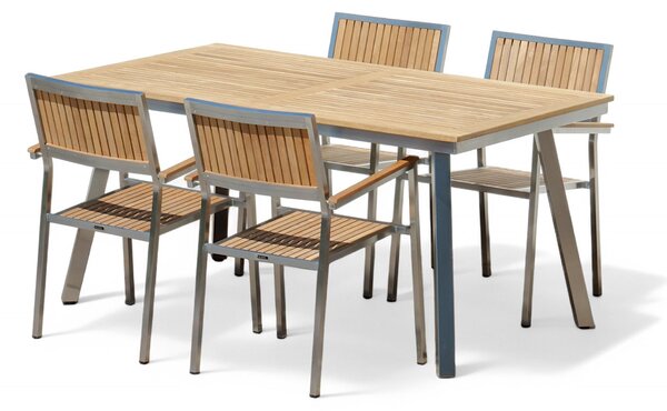 ALEOS. Set da giardino in acciaio inox teak set tavolo Nassau 160x90 cm + 4 poltrone impilabili migliore qualità teak set di sedute di qualità catering set mobili da giardino set tavolo da pranzo set poltrone impilabili