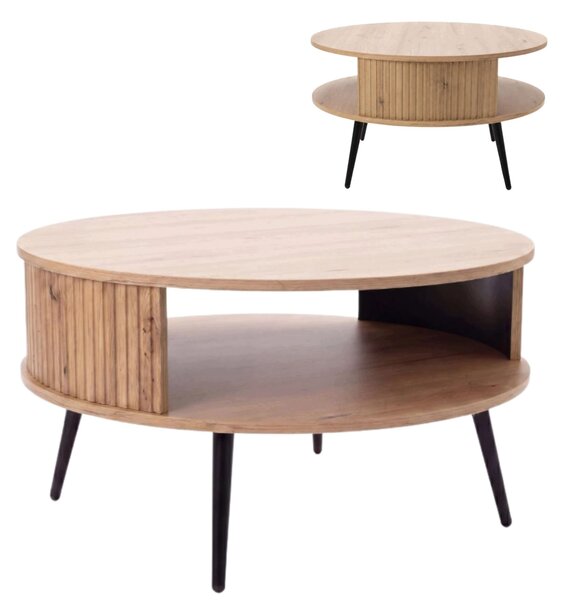 Tavolino EstiloHome TAKE, rotondo, diametro 76 cm, legno di quercia "Artisan" – con piano contenitore e finitura a righe