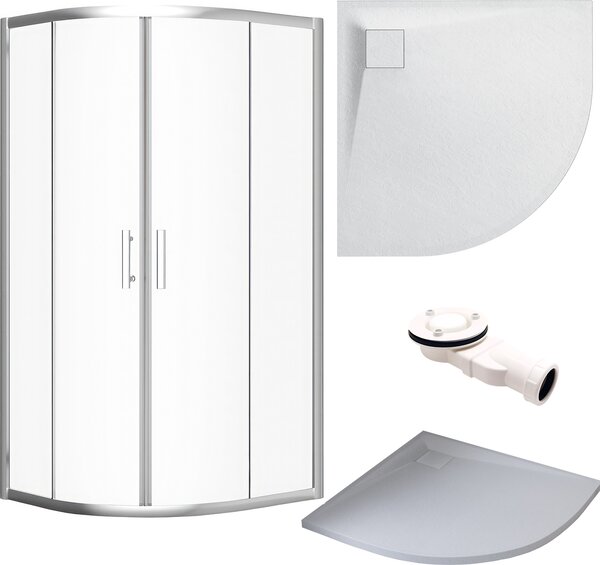SET cabina doccia + piatto doccia 80x80 193 cm - semicircolare trasparente temperato nano vetro 6 mm bianco effetto pietra SMC incl. sifone | BADLAND HELA VIDAR