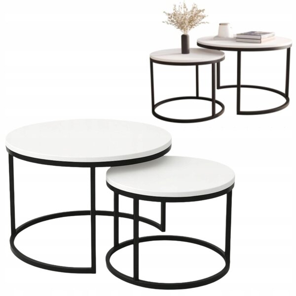 EstiloHome Set di tavolini da caffè ORI DUO, forma rotonda, 70/50 cm, bianco – Set di 2 tavolini