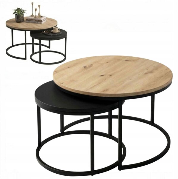 Set di tavolini EstiloHome DUO, forma rotonda, 80/60 cm, legno di quercia "Artisan" e nero – set di 2 tavolini
