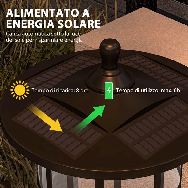 Outsunny Set 2 Lampioni Solari con 6h Autonomia e Ancoraggio a Terra, in Acciaio Inox e ABS, 23.5x23.5x184 cm, Nero | Aosom Italy