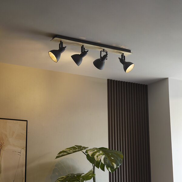 Faretto da soffitto nero con legno 4 luci orientabile e inclinabile - Jakub