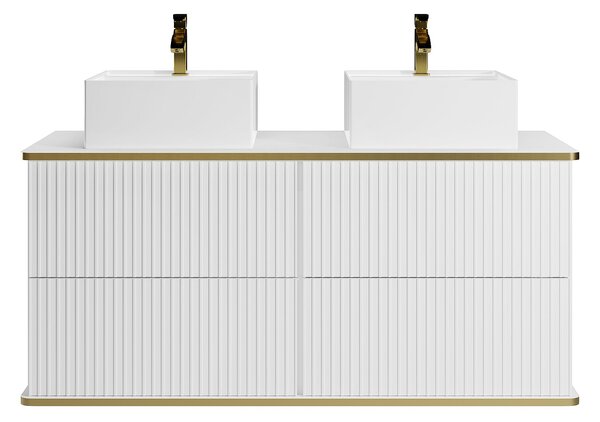 Mobile per bagno sospeso con scanalature con profilo Dorato e lavabo doppio da appoggio 120 cm Bianco - KELIZA