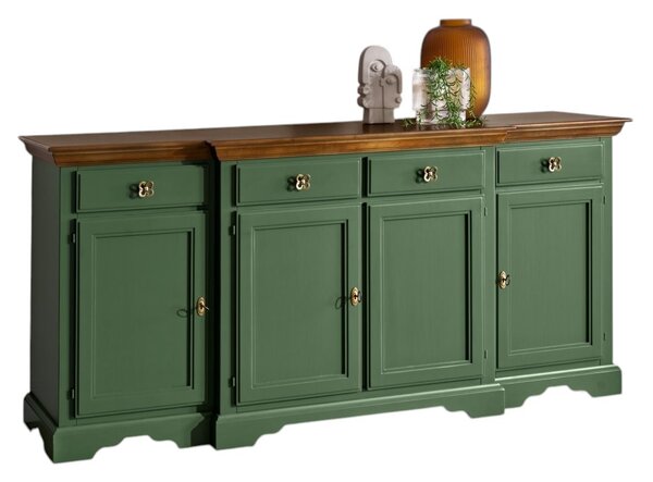 Madia credenza 4 porte 4 cassetti legno shabby verde e noce 200x45x93